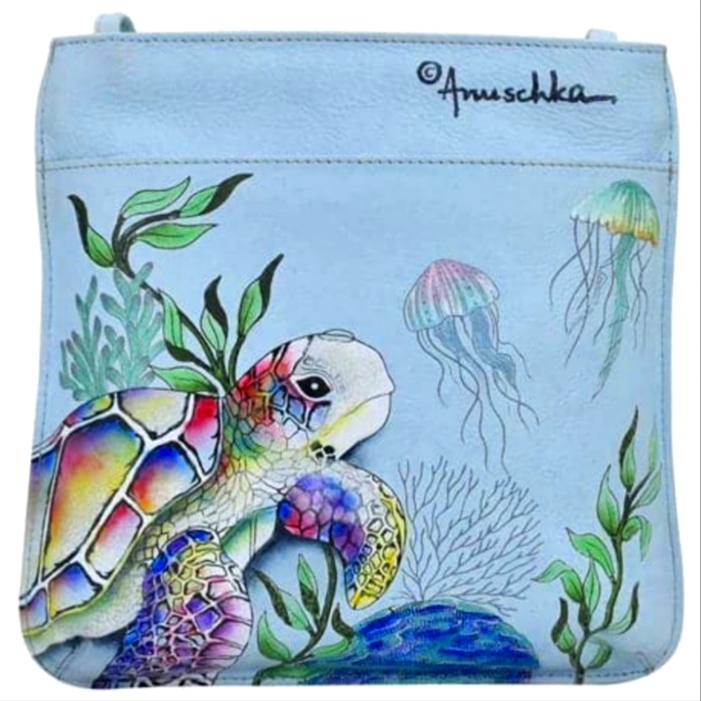 Anuschka Light Blue Leather Crossbody with Hand-Painted Sea Turtle and Jellyfish
